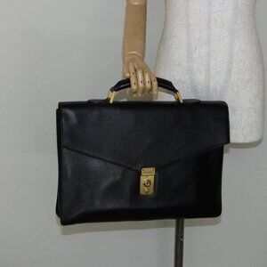 CHANEL Briefcase Grained Calf Skin Black Gold CC Auth bs29898